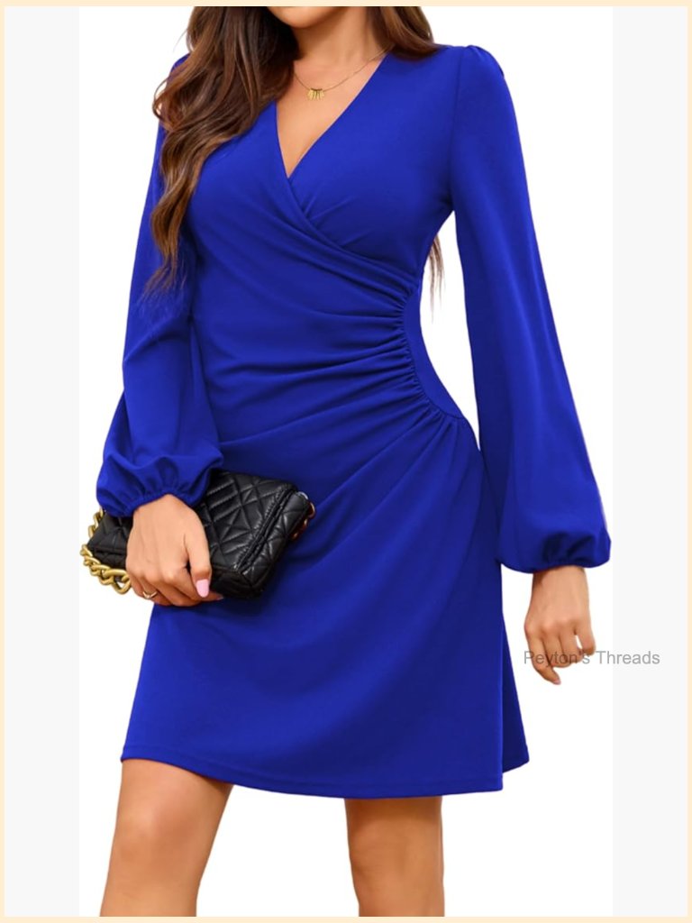 Puff Latern Sleeve Wrap V Neck Ruched Party Dress